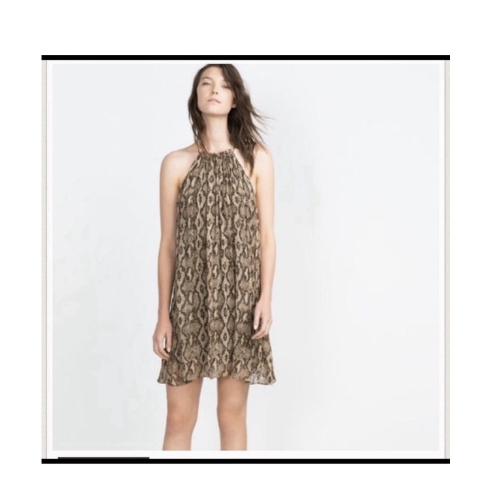Zara‎ Animal Print Brown Halterneck Mini Dress Size Large L NWT Women's